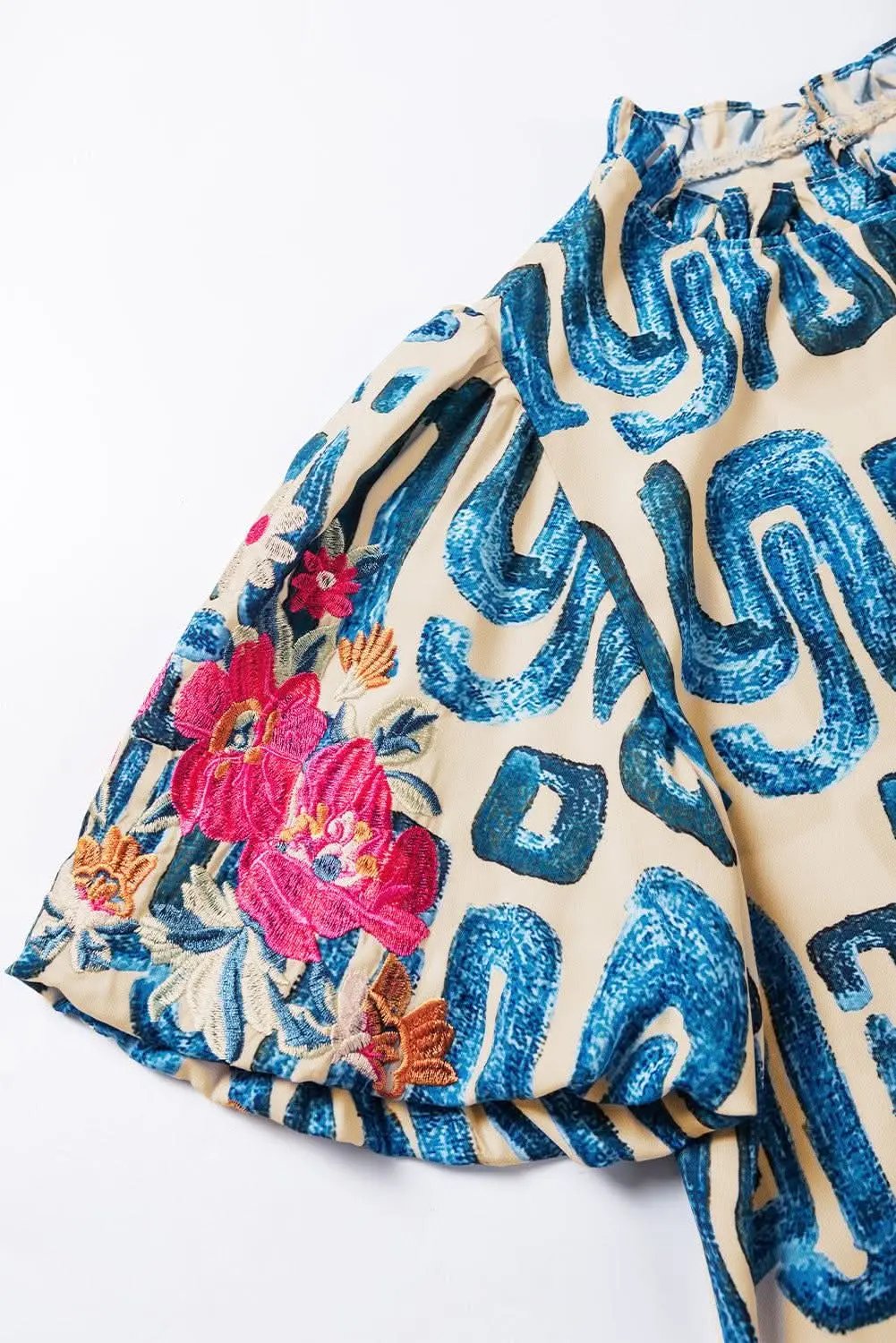 Beige Embroidered Puff Sleeve Frilled Neck Printed Top - Love Salve